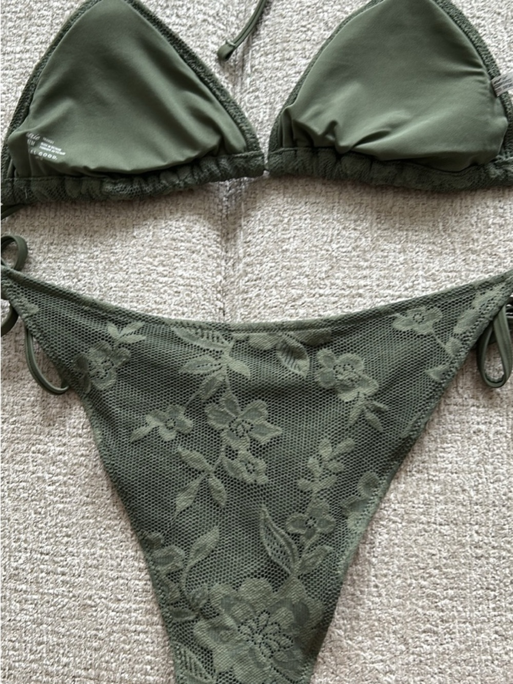 Olive Green Floral Lace Triangle Bikini Set